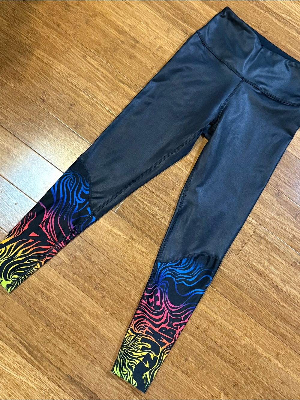Zumba Fitness Shiny Black Leggings with Rainbow Pattern Flame Cuffs Small